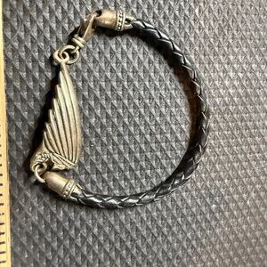 King Baby Studio Black Braided Leather Bracelet w/Sterling Silver Indian Chief